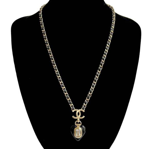 CHANEL Coco Mark Heart Motif GP Leather Chain Necklace Pendant Gold 99363